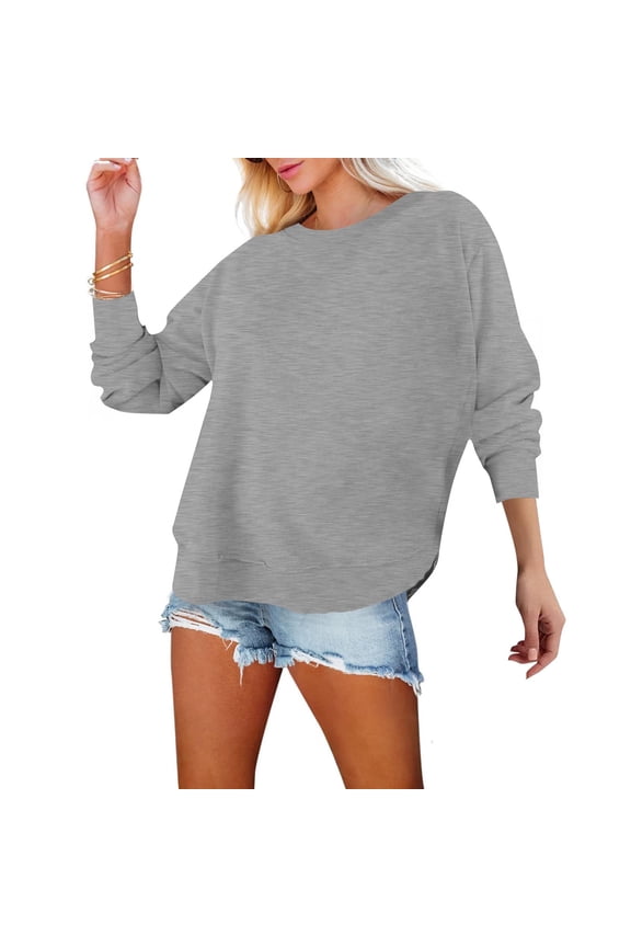 Sweatshirt for Women Crewneck Long Sleeve Side Split Tops Casual Solid Color Loose Pullover Shirts