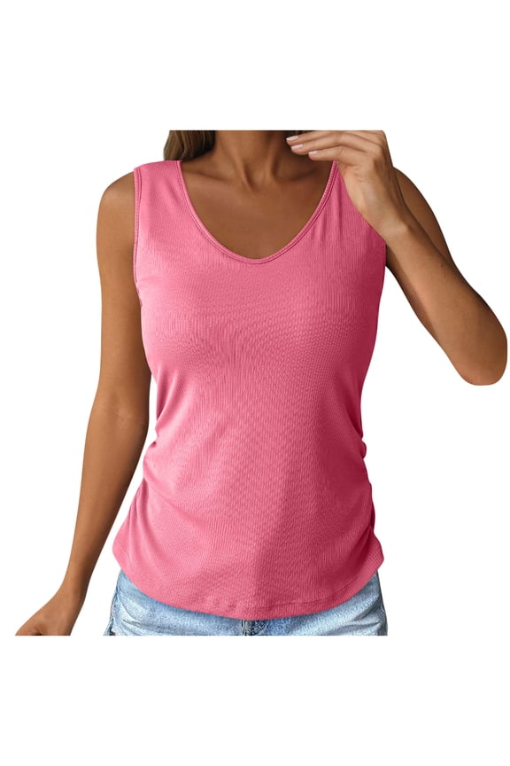 Tank Top with Built in Bra for Women Casual Summer Sleeveless Tops Slim Fitted V Neck Ruched Cami Shirts