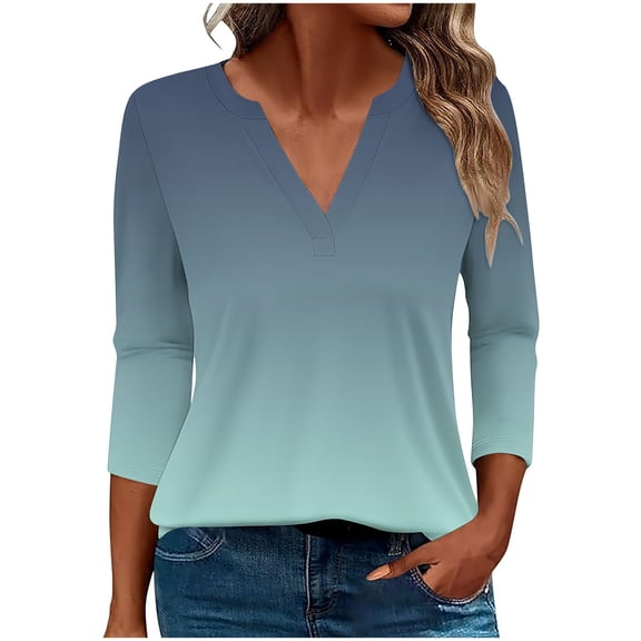 XFLWAM Three Quarters Length Sleeve Womens Tops V Neck Gradient Color Shirts Dressy Casual Tunics Tops