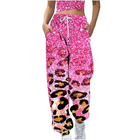 XFLWAM Trousers for Women Casual Print Bottom Sweatpants with Pocket High Waist Sporty Clothes Joggers Sweat Pants Pink 3XL