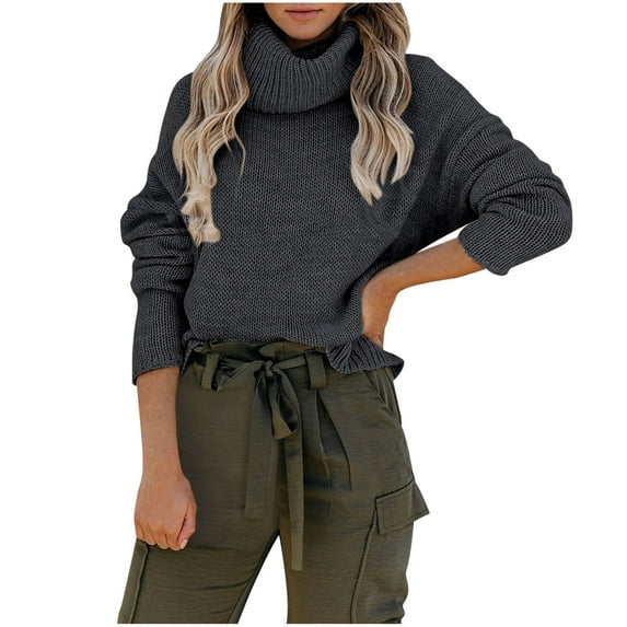 XFLWAM Turtleneck Sweater Women Oversized Cowl Neck Sweater Cable Knit Long Sleeve Pullover Tops Dark Gray XXL