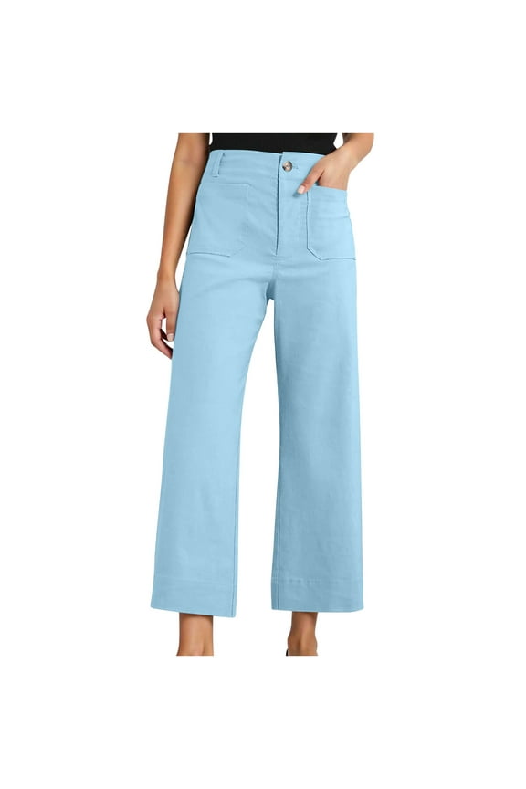 Twill Stretch Cropped Wide Leg Pants for Women Business Casual High Waist Chino Pants Office Work Ankle Jeans with Pocket Blue XXL