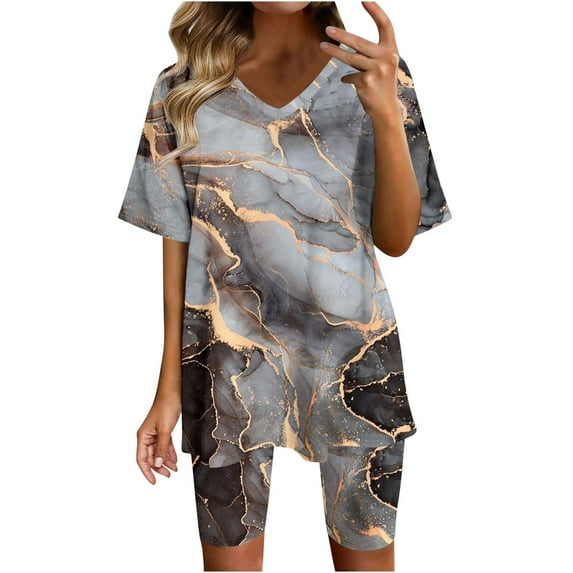 XFLWAM Two Piece Outfits For Women Summer V Neck T-Shirt Tops Biker Shorts Workout Sports Plus Size Tracksuit Gray L