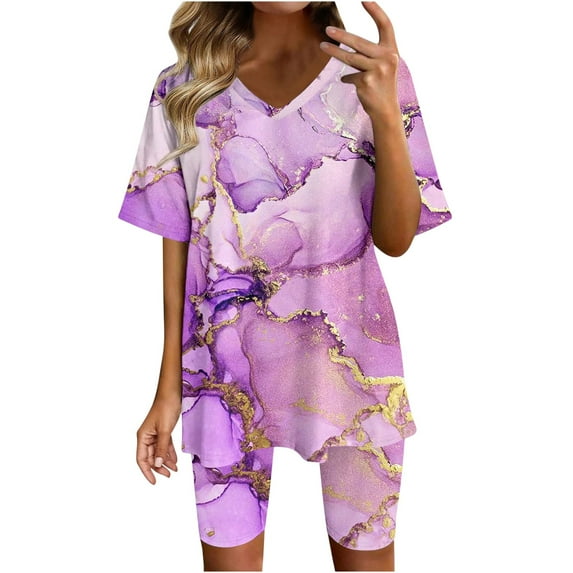 XFLWAM Two Piece Outfits For Women Summer V Neck T-Shirt Tops Biker Shorts Workout Sports Plus Size Tracksuit Purple XXL