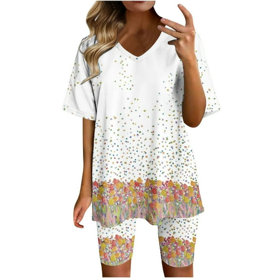XFLWAM Two Piece Outfits For Women Summer V Neck T-Shirt Tops Biker Shorts Workout Sports Plus Size Tracksuit White-3 S