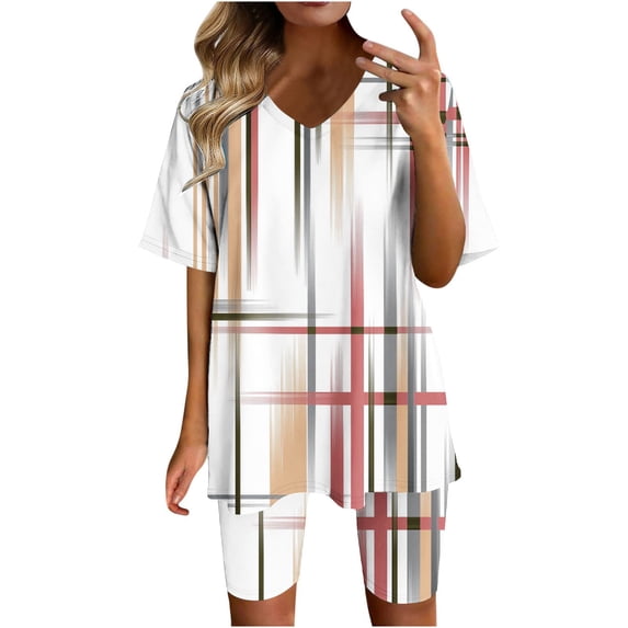 XFLWAM Two Piece Outfits For Women Summer V Neck T-Shirt Tops Biker Shorts Workout Sports Plus Size Tracksuit White-8 S
