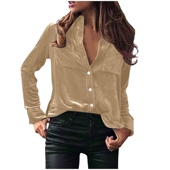 XFLWAM Velvet Blouses for Women Long Sleeve Button Down Shirts Elegant Casual Lapel Tops with Pockets