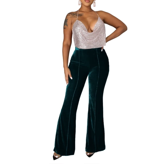 XFLWAM Velvet Flare Pants for Women High Waisted Casual Business Long Pants Bell Bottom Front Seam Slacks Green M