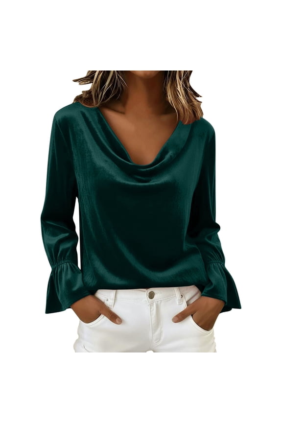 Velvet Tops for Women Cowl Neck Drape Ruched Front Blouse Long Sleeve Cocktail Evening Party Pullover Tops