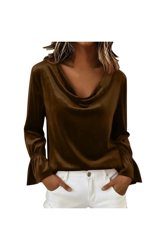 Velvet Tops for Women Cowl Neck Drape Ruched Front Blouse Long Sleeve Cocktail Evening Party Pullover Tops