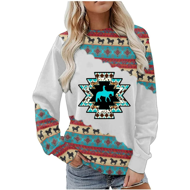 XFLWAM Western Sweatshirts for Women Native Aztec Pullover Geometric Crewneck  Sweatshirt Western Ethnic Shirt Red XL 