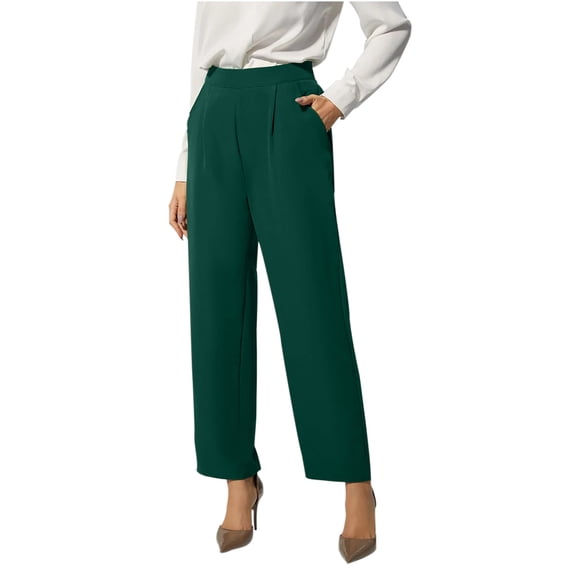 XFLWAM Wide Leg Dress Pants for Women High Waisted Pull On Business Casual Work Pants Elastic Waist Dressy Trousers Pockets