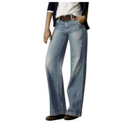 XFLWAM Wide Leg Jeans for Women Stretch Mid Waist Baggy Jeans Boot Cut Jeans Denim Pants Without Belt Light Blue S