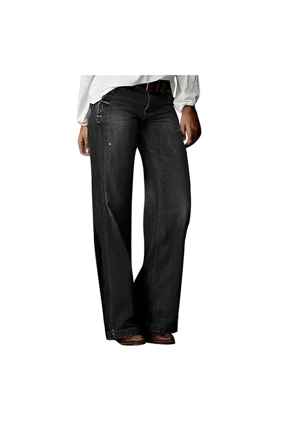 Wide Leg Jeans for Women Stretch Mid Waist Baggy Jeans Boot Cut Jeans Denim Pants Without Belt S