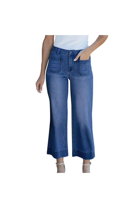 Wide Leg Jeans for Women Trendy High Waisted Flare Jeans Cropped Denim Pants Stretchy Baggy with Patch Pockets