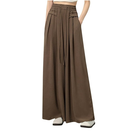 XFLWAM Wide Leg Palazzo Pants for Women Summer Beach Pants Flowy Loose Casual Lounge Pajama Yoga Pants with Pockets Coffee L