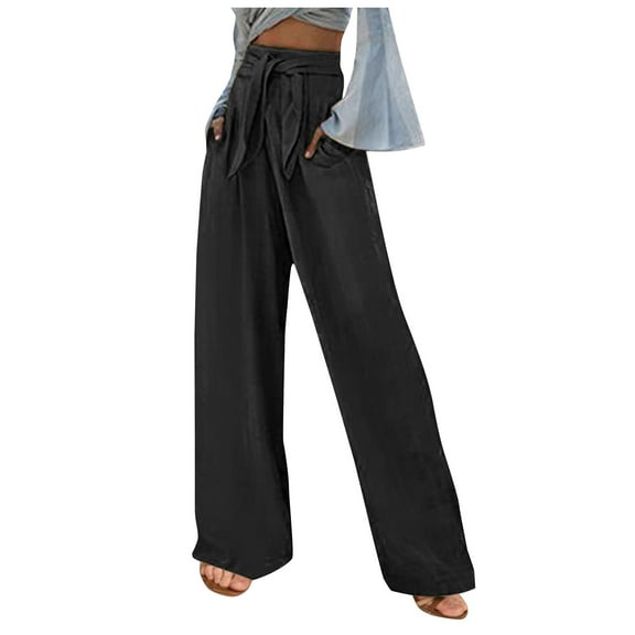XFLWAM Wide Leg Pants for Women Casual Dress Pants for Work High Waist Belted Palazzo Trousers with Pockets Black M