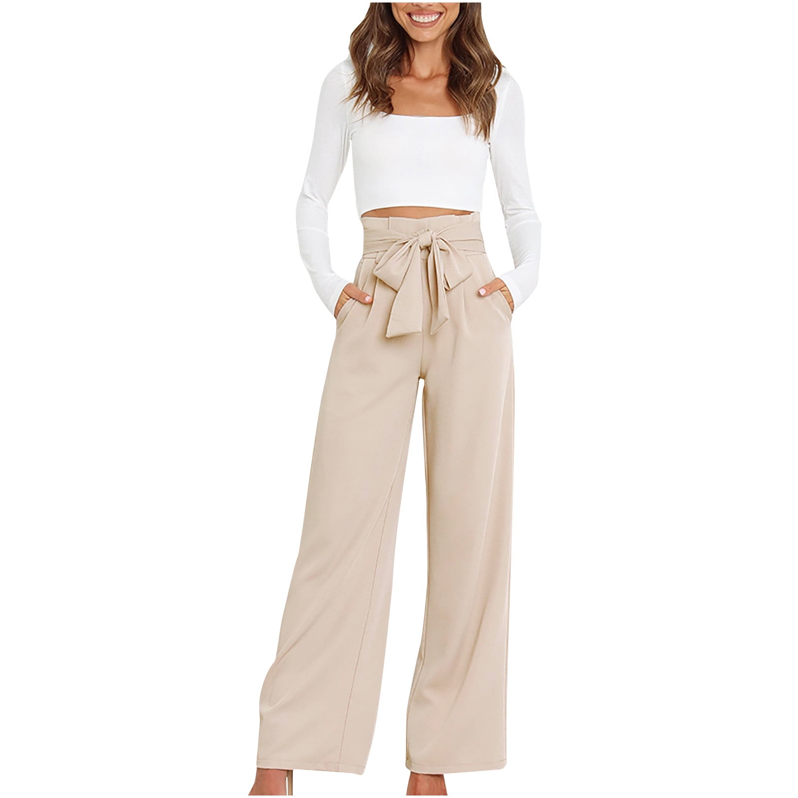 women's beige dress pants Wiueurtly Beige Petite Wide Leg Pants For Women, Polyester Business Casual Pants For Women, Women Wide Leg Pants For Women Work Business Casual High