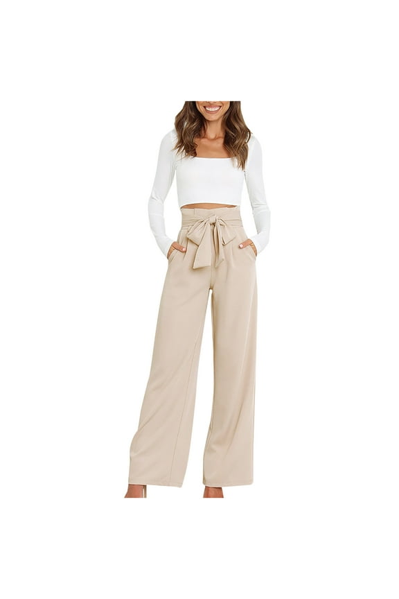 Wide Leg Pants for Women High Waist Dressy Bow Tie Pant Work Business Casual Trousers with Pockets Beige S