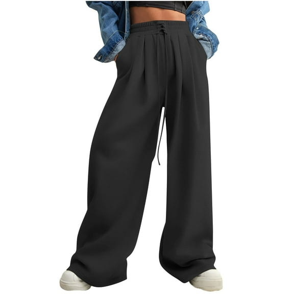 XFLWAM Wide Leg Sweatpants for Women Trendy Fashion High Waisted Drawstring Lace up Pants Casual Loose Baggy Trousers with Pockets Black XXL