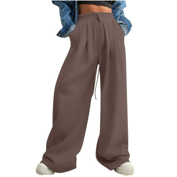 XFLWAM Wide Leg Sweatpants for Women Trendy Fashion High Waisted Drawstring Lace up Pants Casual Loose Baggy Trousers with Pockets Brown XXL