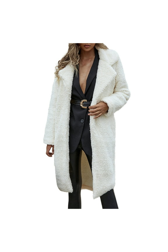 Winter Coat For Women Faux Fur Fuzzy Fleece Lapel Long Cardigan Faux Fur Warm Winter Outwear Jackets White 3XL