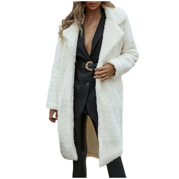 XFLWAM Winter Coat For Women Faux Fur Fuzzy Fleece Lapel Long Cardigan Faux Fur Warm Winter Outwear Jackets White M