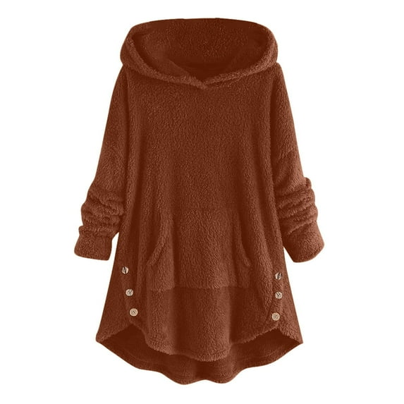 XFLWAM Winter Coats for Women Fuzzy Fleece Jackets Plus Size Hoodies Overcoat Oversized Button Down Outerwear Brown-1 5XL