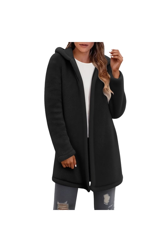 Winter Coats for Women Shearling Fleece Zip Up Hooded Jackets Casual Open Front Sherpa Coat Outwear with Pockets