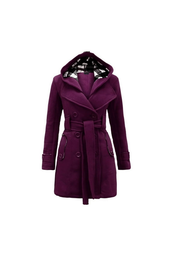 Winter Coats for Women Thicken Warm Fleece Hoodie Jacket Button Down Waist Strap Hooded Tunic Outwear with Pockets Purple L