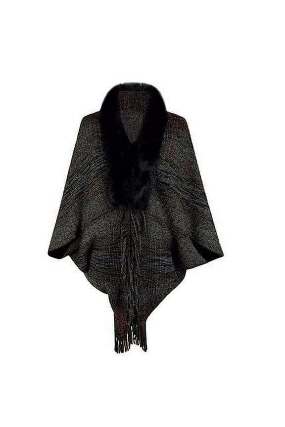 Winter Fall Shawl Wrap for Women Warm Faux Fur Fringed Hem Boho Buffalo Plaid Knit Poncho with Tassel Black Free Size