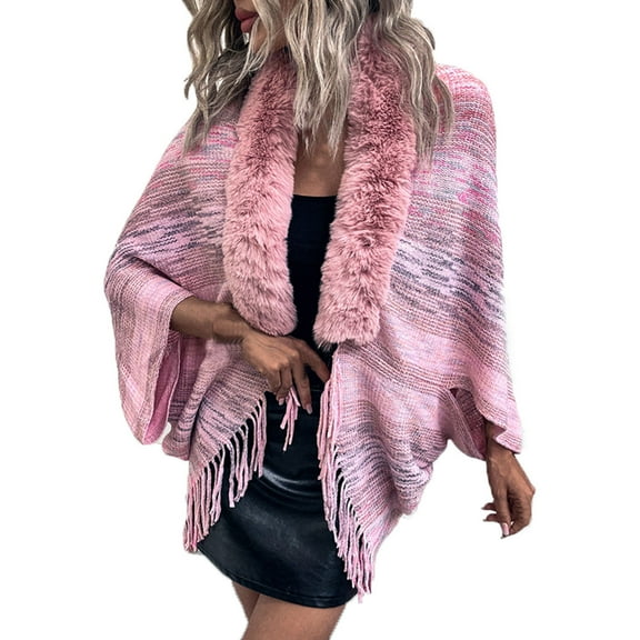 XFLWAM Winter Fall Shawl Wrap for Women Warm Faux Fur Fringed Hem Boho Buffalo Plaid Knit Poncho with Tassel Pink Free Size