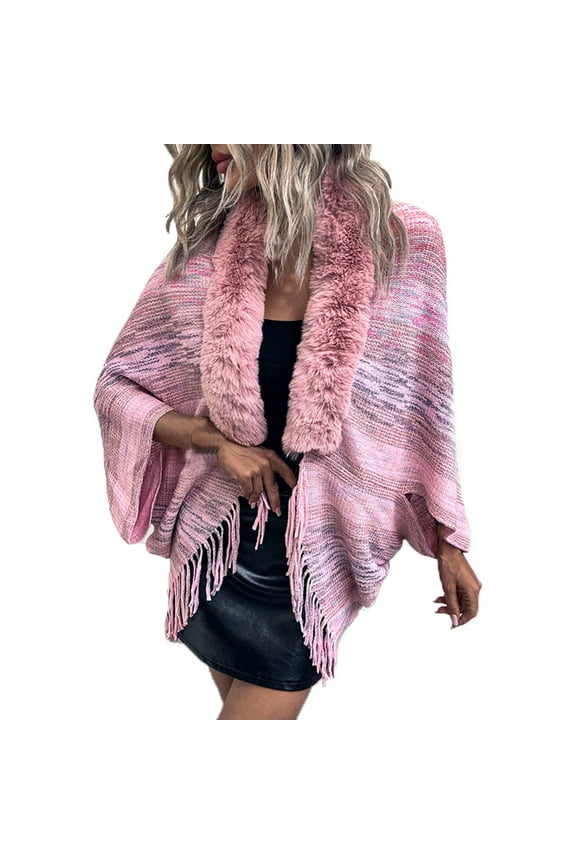 Winter Fall Shawl Wrap for Women Warm Faux Fur Fringed Hem Boho Buffalo Plaid Knit Poncho with Tassel Pink Free Size