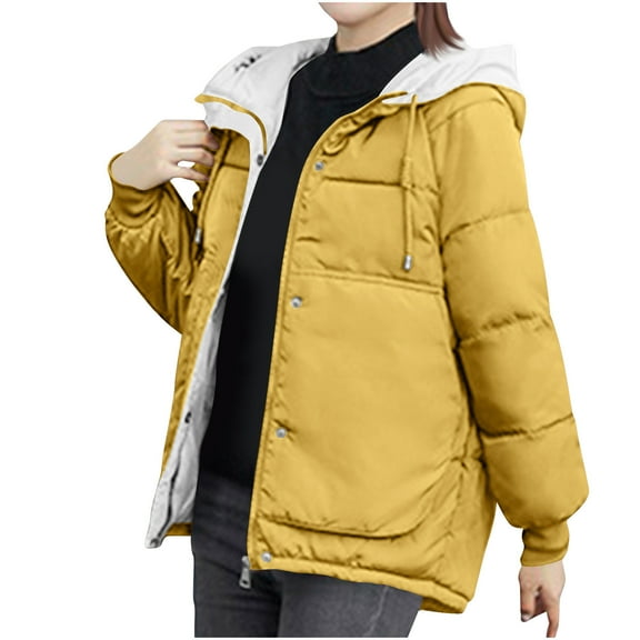 XFLWAM Winter Hooded Coat for Women Warm Fleece Lined Long Quilted Puffer Jacket Sherpa Lined Hooded Outerwear with Pockets Yellow M