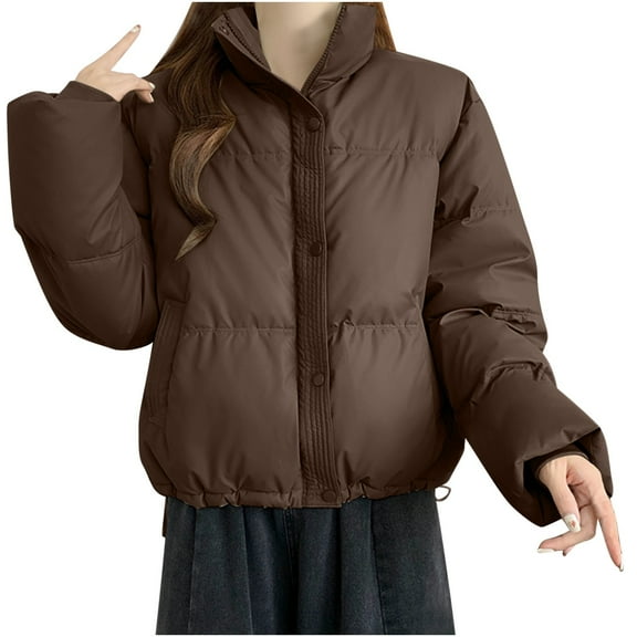 XFLWAM Winter Puffer Jacket for Women Long Sleeve Full Zipper Outerwear Stand Collar Baggy Short Down Coats with Pockets Coffee M