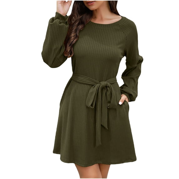 XFLWAM Woman's Long Sleeve Crew Neck Ribbed Knit High Waist Sweater Dress with Pockets Green M
