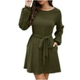thumbnail image 1 of XFLWAM Woman's Long Sleeve Crew Neck Ribbed Knit High Waist Sweater Dress with Pockets Green S, 1 of 4
