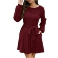 thumbnail image 1 of XFLWAM Woman's Long Sleeve Crew Neck Ribbed Knit High Waist Sweater Dress with Pockets Red L, 1 of 4