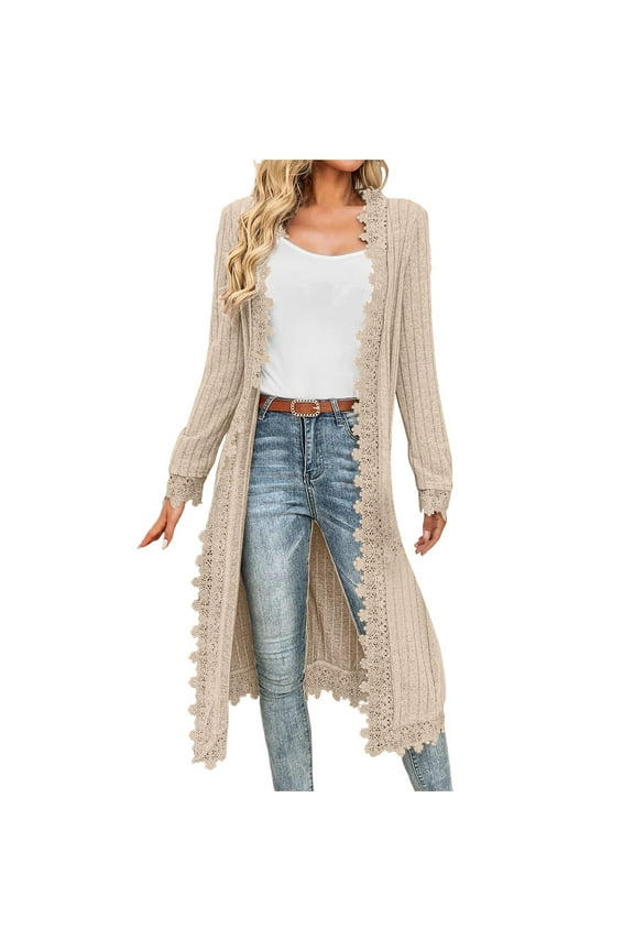 Wome's Crochet Lace Trim Cardigans Open Front Long Sleeve Maxi Long Cardigan Sweaters Casual Loose Lightweight Jackets Beige M