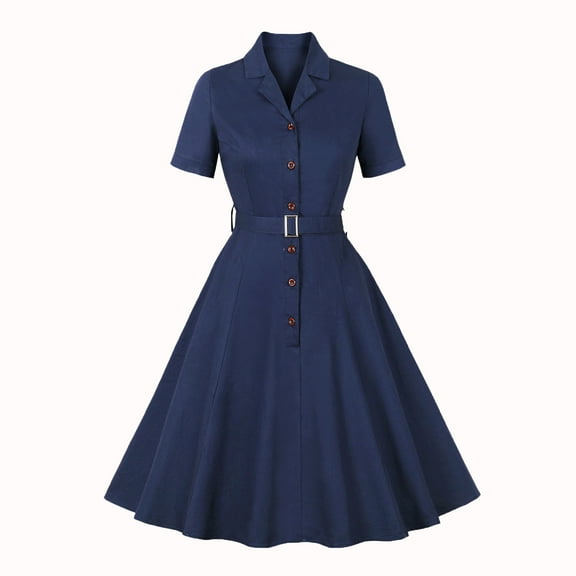 XFLWAM Women 1950s Dresses Rockabilly Retro Short Sleeve Button up Dress A-line Vintage Cocktail Party Evening Prom Gown with Belt