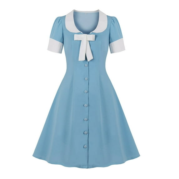 XFLWAM Women 1950s Retro Dress Lapel V Neck 50s 60s Vintage Dress Button Up Business Work Dress Floral Print A-line Cocktail Party Dresses Light Blue S