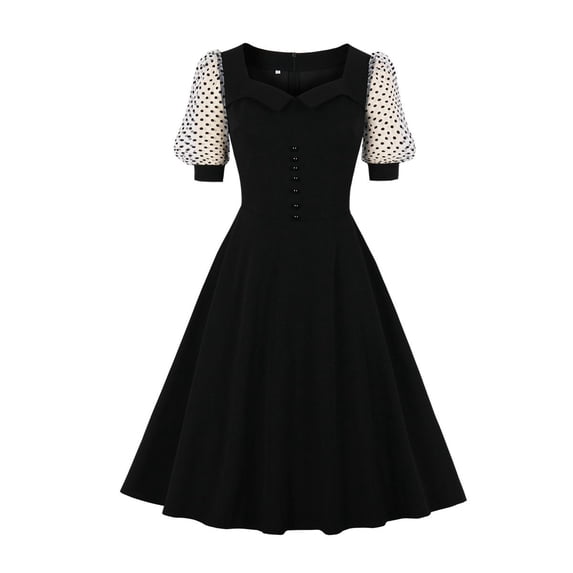 XFLWAM Women 1950s Retro Dress Lapel V Neck 50s 60s Vintage Dress Button Up Business Work Dress Floral Print A-line Cocktail Party Dresses Black M