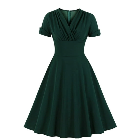 XFLWAM Women 1950s Retro Dress Lapel V Neck 50s 60s Vintage Dress Button Up Business Work Dress Floral Print A-line Cocktail Party Dresses Green XL