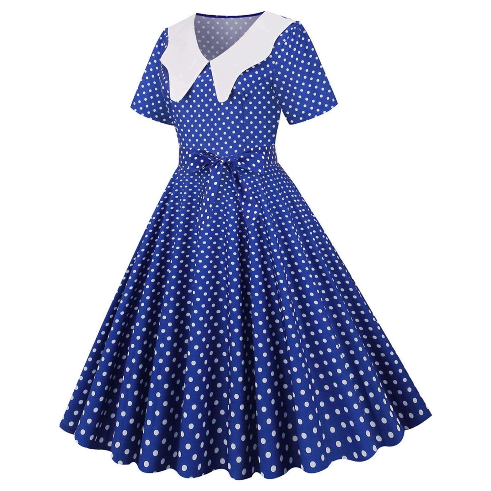 XFLWAM Women 1950s Vintage Dress Contrast Peter Collar Polka