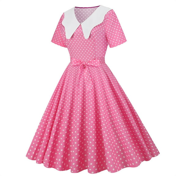 XFLWAM Women 1950s Vintage Dress Contrast Peter Collar Polka Dot Cocktail Swing Dress 50s Retro Audrey Hepburn Rockabilly Prom Dresses Pink S