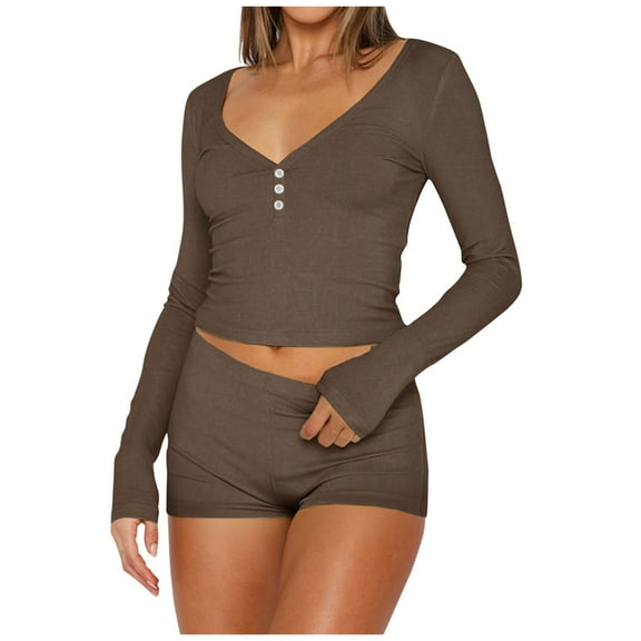 XFLWAM Women 2 Piece Pajama Set Sexy Slim Fit Long Sleeve Button Crop Top and Shorts Lounge Sweatsuits Sleepwear PJ Set