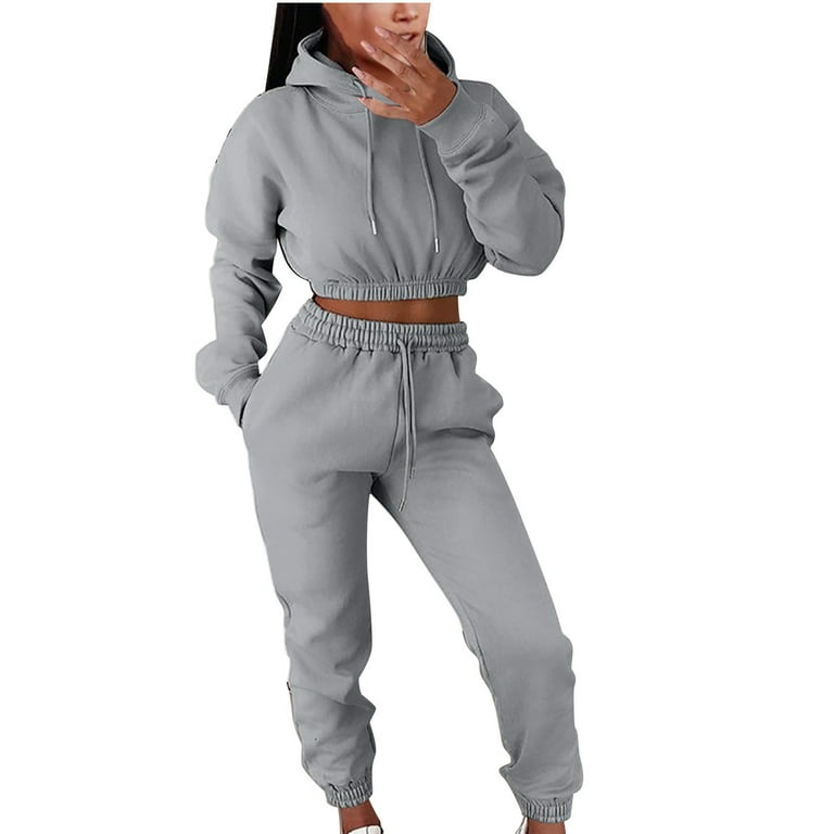 XFLWAM Women 2023 Fall Winter 2 Piece Outfits Long Sleeve Hoodies Crop Sweatshirt Drawstring Jogger Sweatpants Sweatsuits Tracksuit Set Gray XXL Walmart