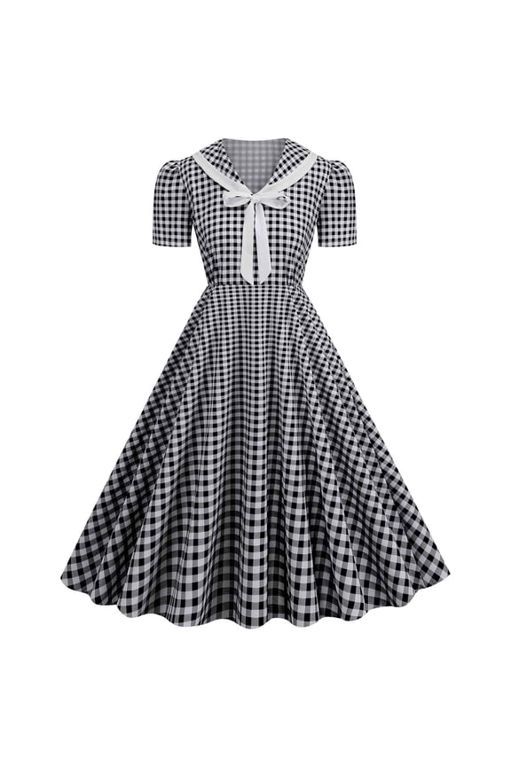 Women 50s 60s Vintage Dress V Neck Bow Tie Short Sleeve Plaid Cocktail Swing Dress 1950s Audrey Rockabilly Prom Party Dresses Black S