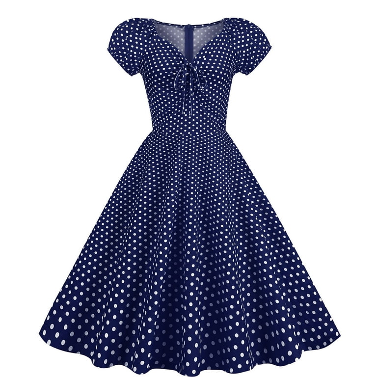 XFLWAM Women 50s 60s Vintage Short Sleeve Polka Dot Cocktail Swing Dress  1950s Retro Rockabilly Audrey Hepburn Prom Party Dresses Blue S
