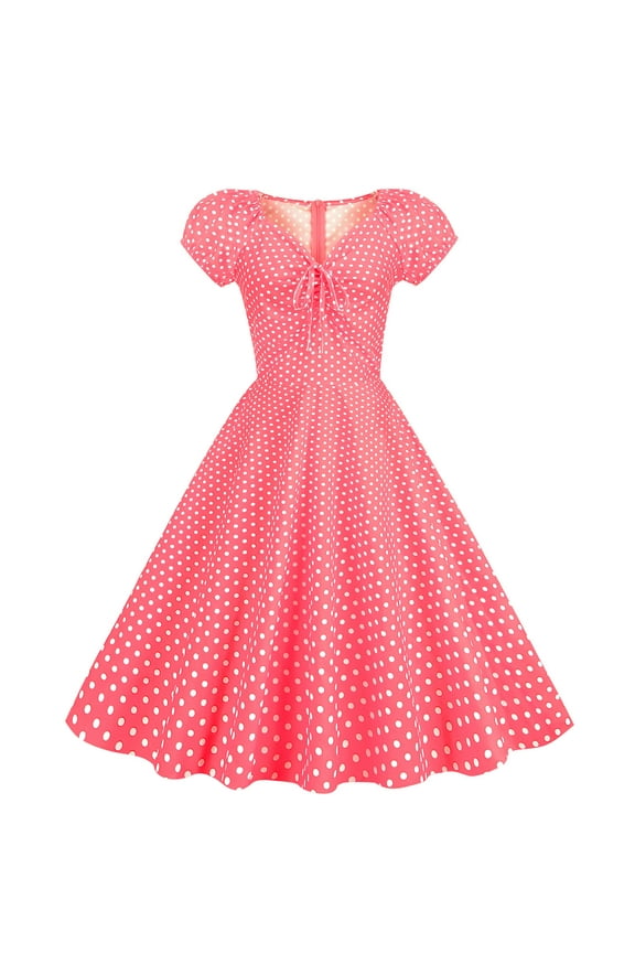 Women 50s 60s Vintage Short Sleeve Polka Dot Cocktail Swing Dress 1950s Retro Rockabilly Audrey Hepburn Prom Party Dresses Pink XXL